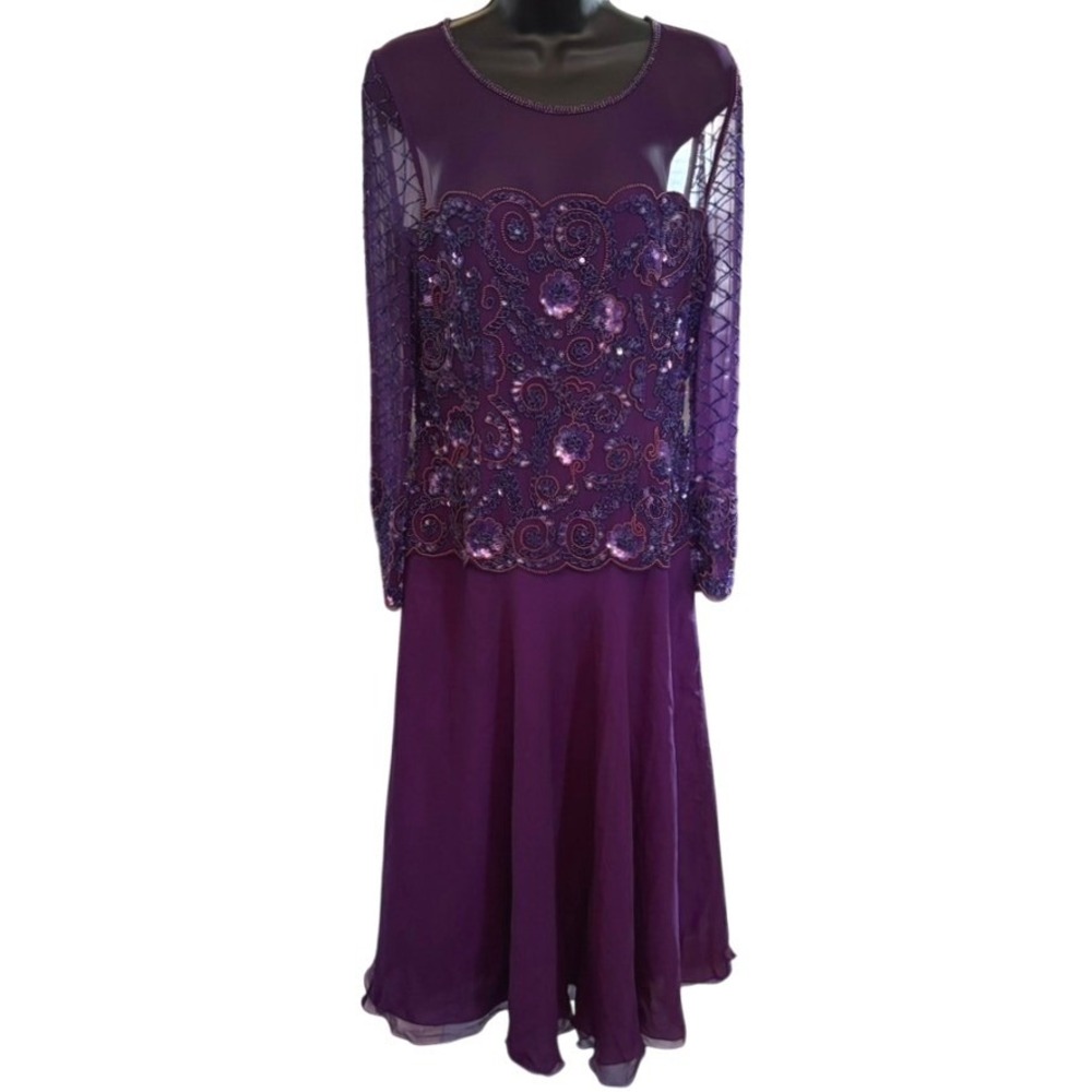Vtg Adrianna Papell 100% Silk Beaded Maxi Dress Sz 6 Purple Drop Waist Sheer‎